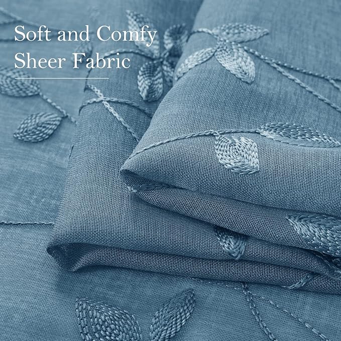 HOMEIDEAS Cyan Blue Sheer Curtains 2 Panels, Embroidered Vine Leaf, W52xL96 | - Image 4