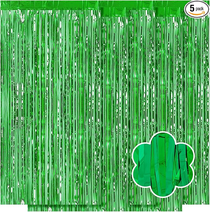 5 Pack Green Foil Curtain Backdrop 3.2ft x 9.8ft Metallic Tinsel Foil Fringe by Ohiyoo