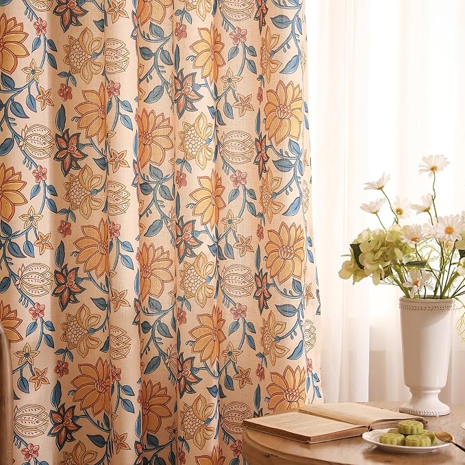 Designer Vintage Linen Printed Curtain, 2 Panels, kitchen Bedroom Living Room by Isaennehomedecoration