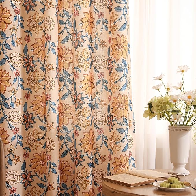 Designer Vintage Linen Printed Curtain, 2 Panels, kitchen Bedroom Living Room by Isaennehomedecoration