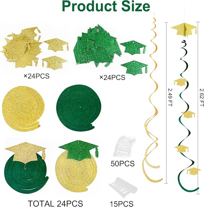 24Pcs Green Gold Graduation Grad Cap Hanging Felt Swirl Streamer Spiral Ceiling - Image 2