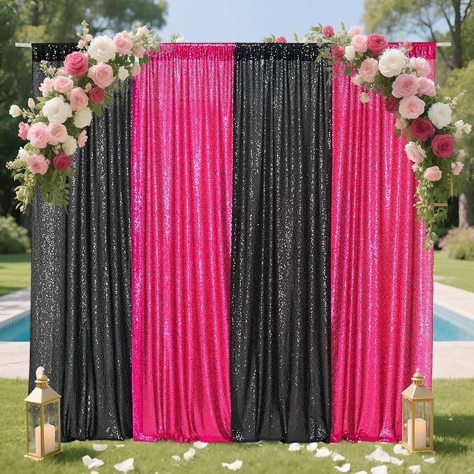 Eternal Beauty Black & Hot Pink Sequin Backdrop Curtains, 4 Panels 2x8FT | 3mm - Image 4