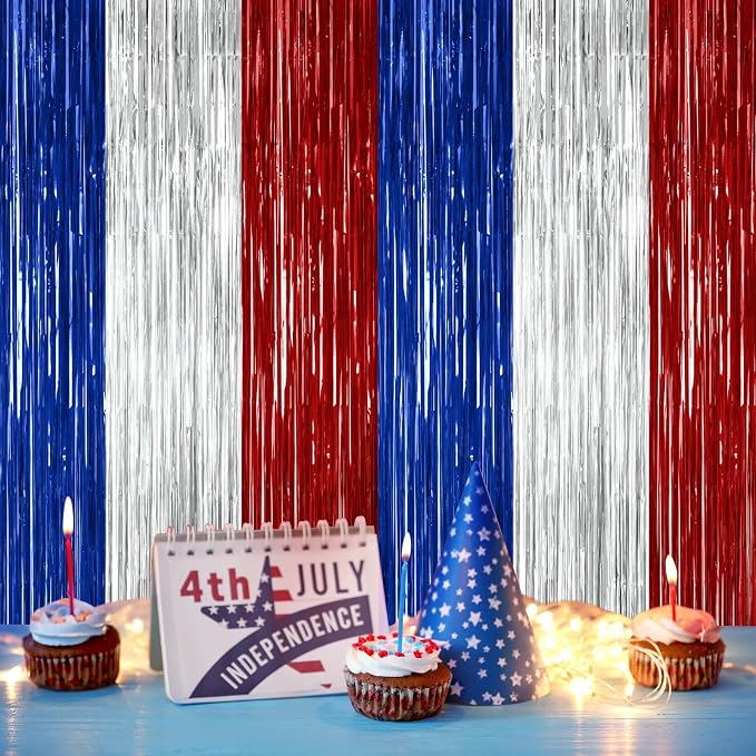 ZATAYE 2 Pack Blue Silver Red Foil Curtain Streamer Decorations | Blue Silver - Image 5
