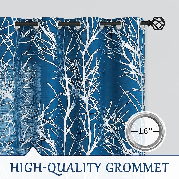 FMFUNCTEX Linen Silver Navy Blue Semi Sheer Print Curtains 63 Inch 2 Panels | - Image 6