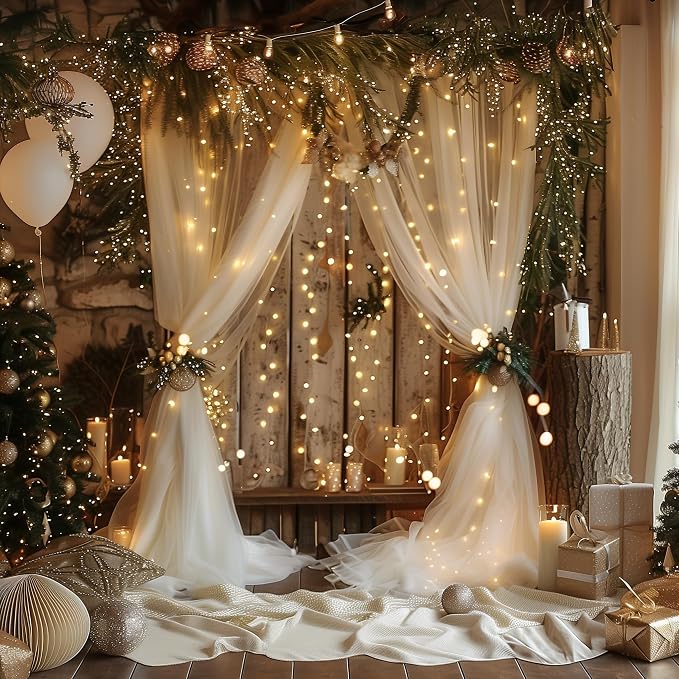 Tulle Backdrop Curtains with Lights Sheer Champagne Curtain Backdrop 30x8ft | - Image 6