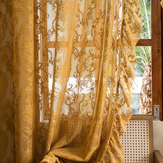 Deeprove Boho Gold Lace Sheer Curtains 84 inches Long 2 Panels Set - Image 6