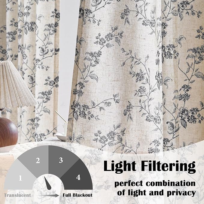 Black Vintage Floral Linen Curtains Farmhouse 50W X 63L 2 Panels | Elisa Series - Image 3