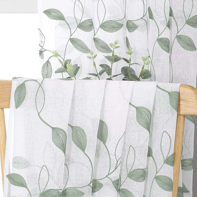 Tollpiz Sage Green Leaf Sheer Tier Curtains Leaves Embroidered Kitchen Short - Image 6