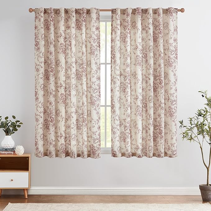 jinchan Red Floral Linen Curtains 45 Inch Vintage Back Tab 2 Panels | Light by JINCHAN