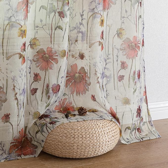 Crushed Semi Sheer Curtains 72 Inches Length 2 Panels, Floral Pattern Design - Image 8