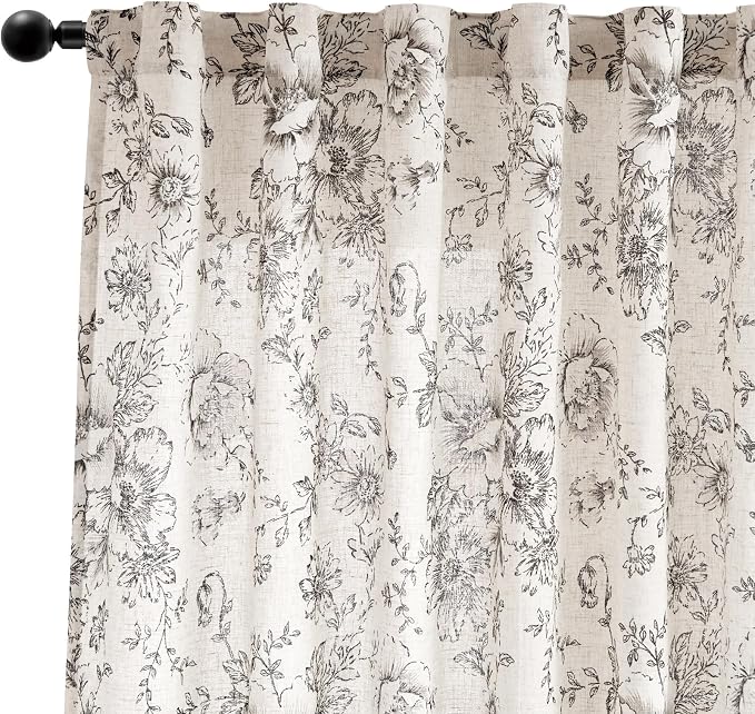 jinchan Black Floral Linen Curtains 54 Inch Vintage Back Tab 2 Panels | Light - Image 8