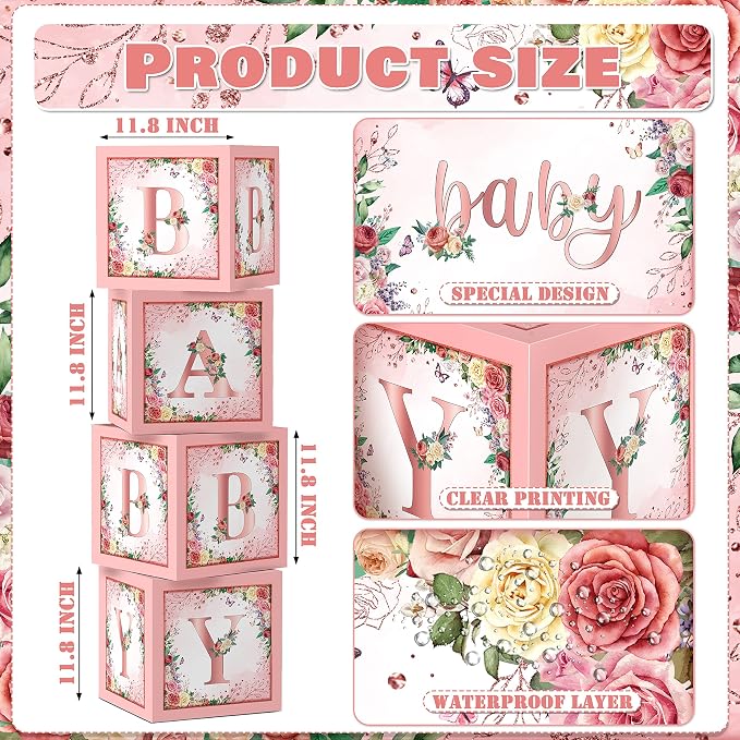 Floral Pink Baby Shower Boxes, Foil Baby Letters, - Image 2