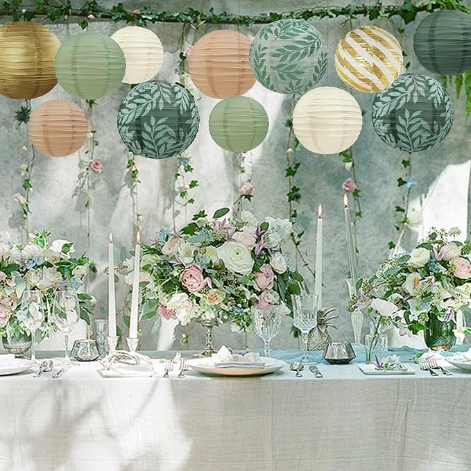 12PCS Sage Green Paper Lanterns Hanging Forest Party Decor | Sage Green and - Image 7