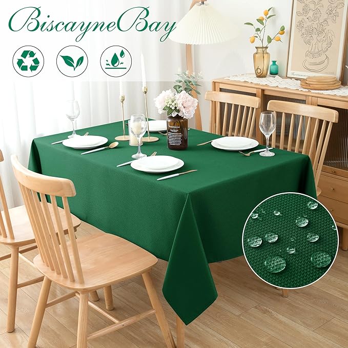 Biscaynebay Textured Fabric Christmas Rectangle Table Cloth 90x132 Inch, Hunter Green Water Resistant Tablecloths for Dining, Kitchen, Wedding and Parties etc. Machine Washable