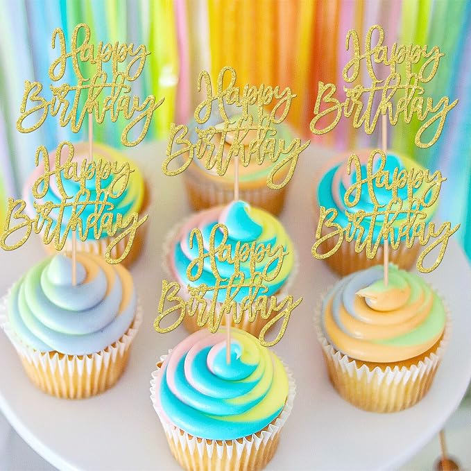 24 PCS Happy Birthday Cupcake Toppers Glitter Picks - Image 4