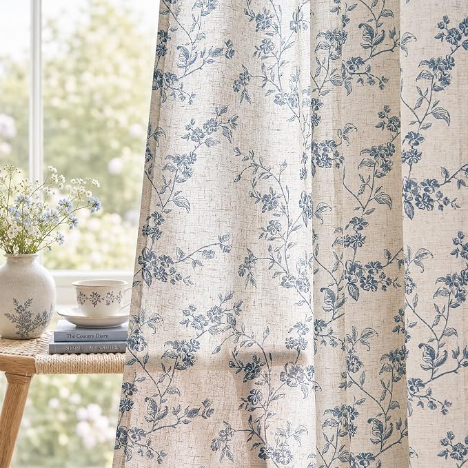 jinchan Blue Floral Linen Curtains 96 Inch Country Drapes Back Tab 2 Panels | by JINCHAN