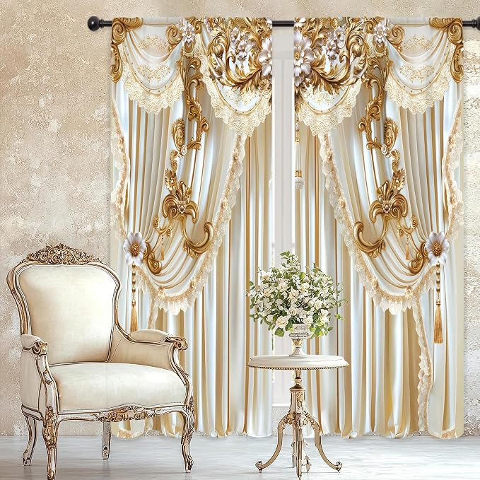 White Gold Vintage Elegant Luxury No Living Room Bedroom Window Curtains | 52"W - Image 2