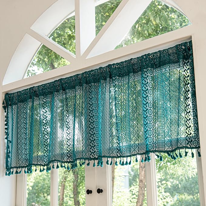 Sutuo Home Boho Valance Tier Curtains Crochet Lace Sheer Bohemian Hollow Knitted - Image 3