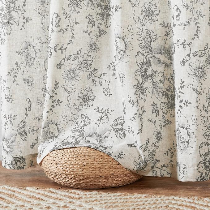 jinchan Grey Floral Linen Curtains 54 Inch Vintage Back Tab 2 Panels | Light - Image 6
