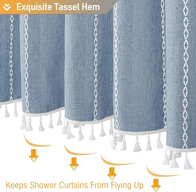 Blue Boho Farmhouse Linen Heavy Duty Cloth Shower Curtain Set, 72x72 | 330GSM - Image 6