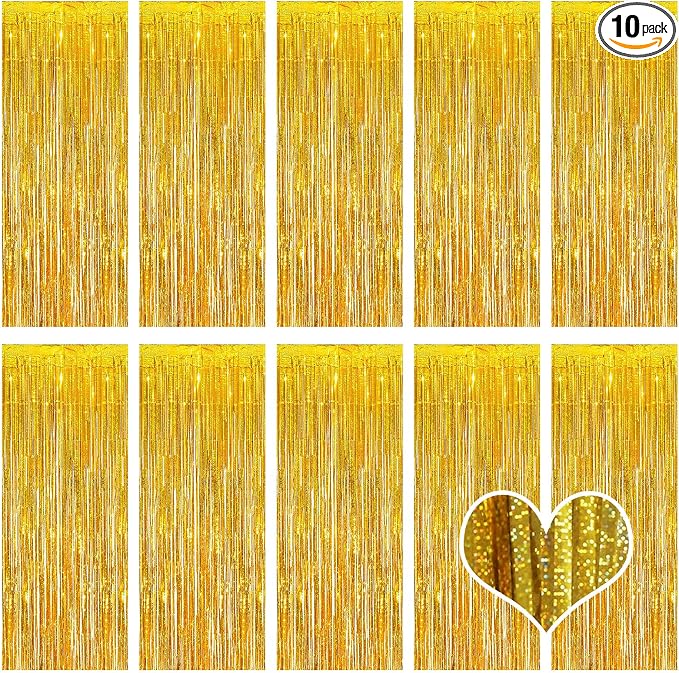 10 Pack Gold Backdrop Curtain 3.2ft x 8.2ft Metallic Tinsel Foil Fringe by Ohiyoo