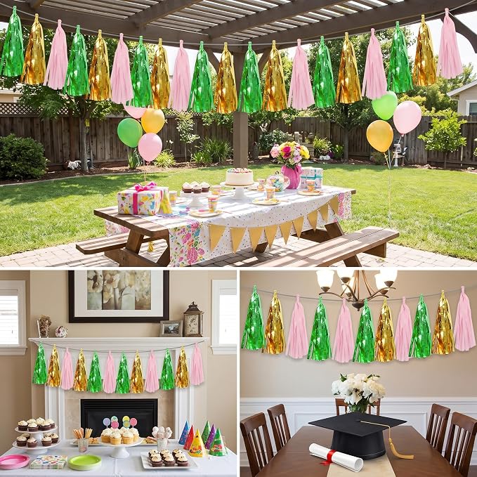 3P Sage-Green Gold Pink Tassel Banner Garland Metallic Foil Fringe Banner - Image 3