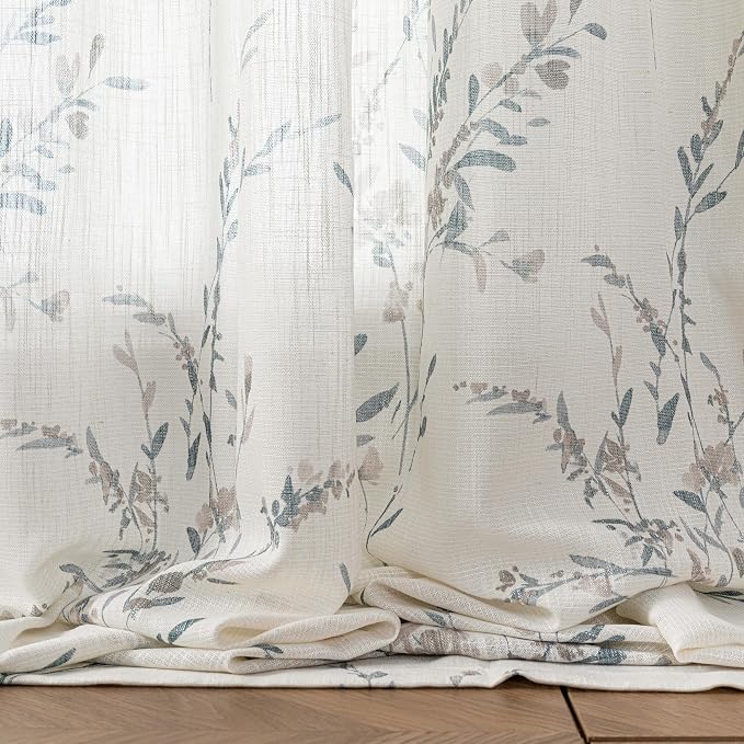 MYSKY HOME Flax Linen Sheer Curtains 45 Inch Length Floral Decorative Window - Image 5