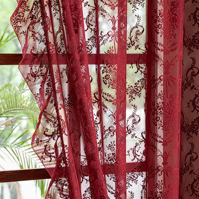 Deeprove Sheer Lace Curtains Burgundy Red 96 Inches Length - Image 2