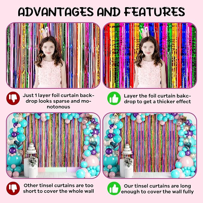 4 Pack 3.3x8.2 Feet Rainbow Foil Fringe Backdrop Curtains, Tinsel Streamers Birthday Party Decorations, Fringe Backdrop for Graduation, Baby Shower, Gender Reveal, Disco Party