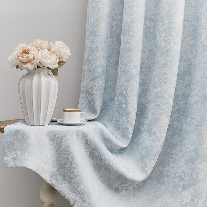 Beauoop Blue Floral Jacquard Blackout Sliding Door Curtains 100x84 1 Set | - Image 4