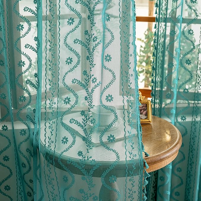 WAZZIO Boho Lace Curtains 2 Panels 96 Inch -Victorian Sheer Panel Drape French by WAZZIO