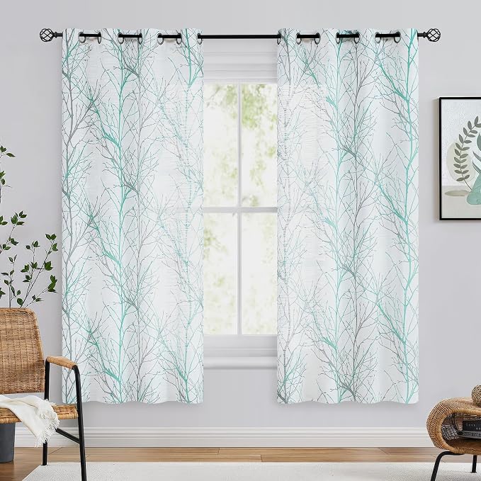 FMFUNCTEX Linen Aqua Blue White Semi Sheer Print Curtains 63 Inch 2 Panels | - Image 2