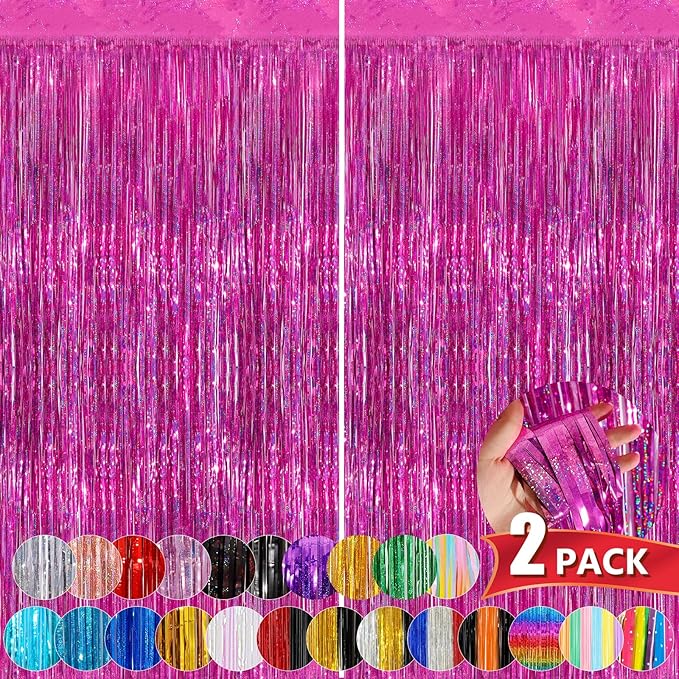 Hot Pink Metallic Tinsel Foil Fringe Curtains, 2 Pack 3.3x8.3 Feet Party by NUWDHP