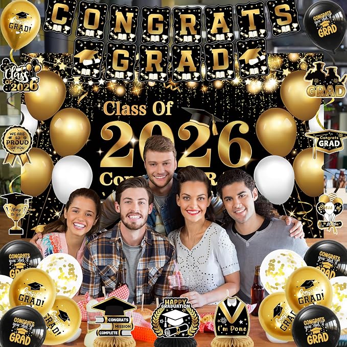 DARUNAXY Black Gold Graduation Party Decorations, 2026 Congrats Grad Honeycomb - Image 8