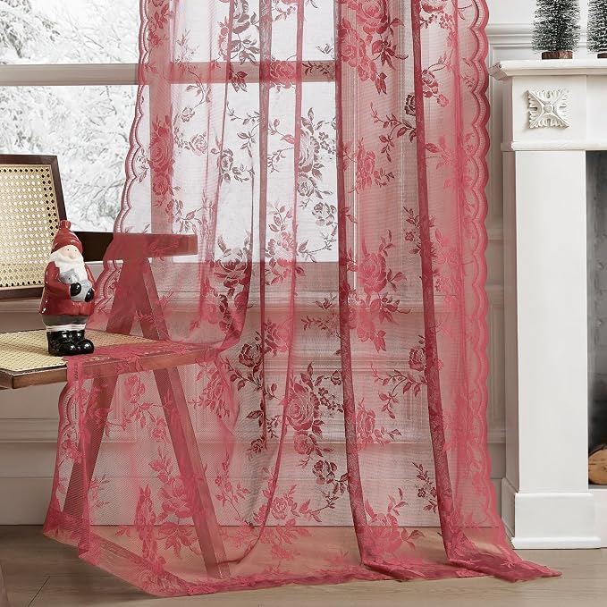 Coral Lace Curtains 54 Inch Length 2 Panels - Image 5