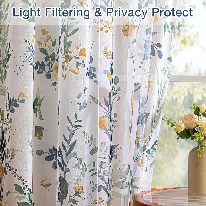 MYSKY HOME Yellow and Blue Floral Sheer Kitchen Curtains 54 Inch Length | Light - Image 4