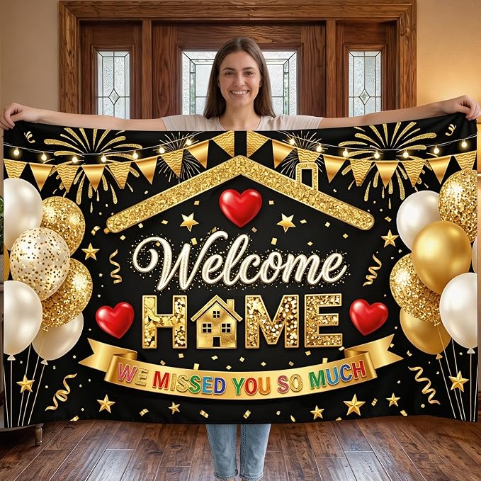 5x3FT Welcome Home Banner Sign Black | Welcome Back Decorations by Bafode