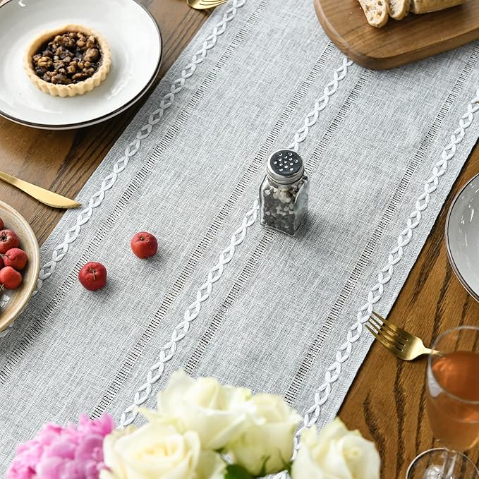 Artoid Mode Grey Rustic Cotton Linen Table Runner, Seasonal Embroidered Hollow Kitchen Dining Table Decoration for Home Party Decor 13x72 Inch