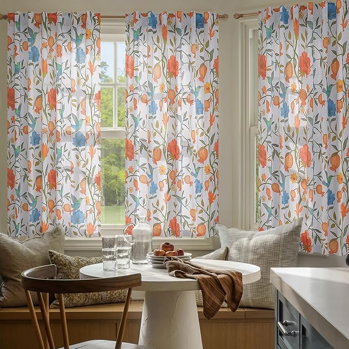 54 Inch Boho Floral Curtains Tropical Bird Print Linen Semi Sheer Window Drapes - Image 6