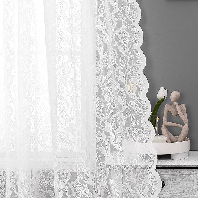 Bujasso White Lace Sheer Curtains Vintage Floral Sheer Curtain Panels 95 inch by Bujasso