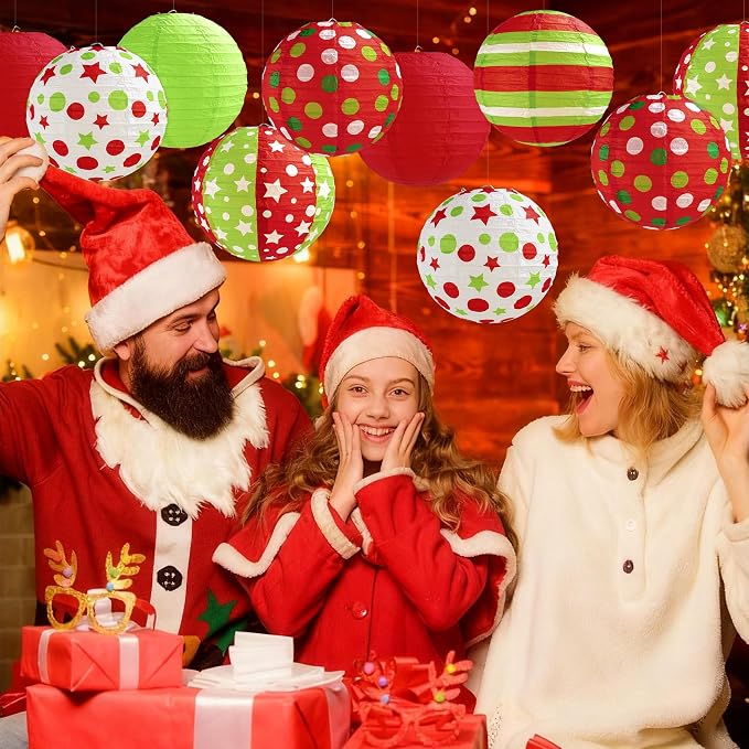 12 Pcs Red Green Christmas Hanging Paper Lanterns 8 Inch Christmas Party - Image 7