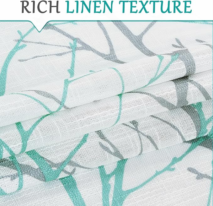 FMFUNCTEX Linen Aqua Blue White Semi Sheer Print Curtains 63 Inch 2 Panels | - Image 4