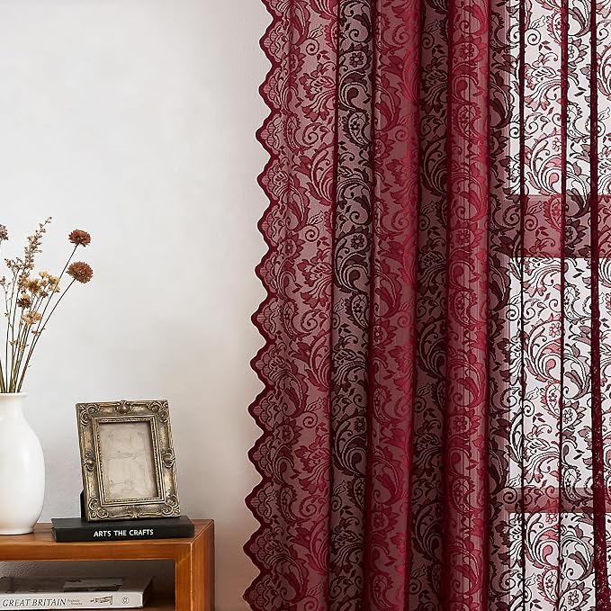 Bujasso Burgundy Red Lace Sheer Curtains 84 inch Length - Image 3