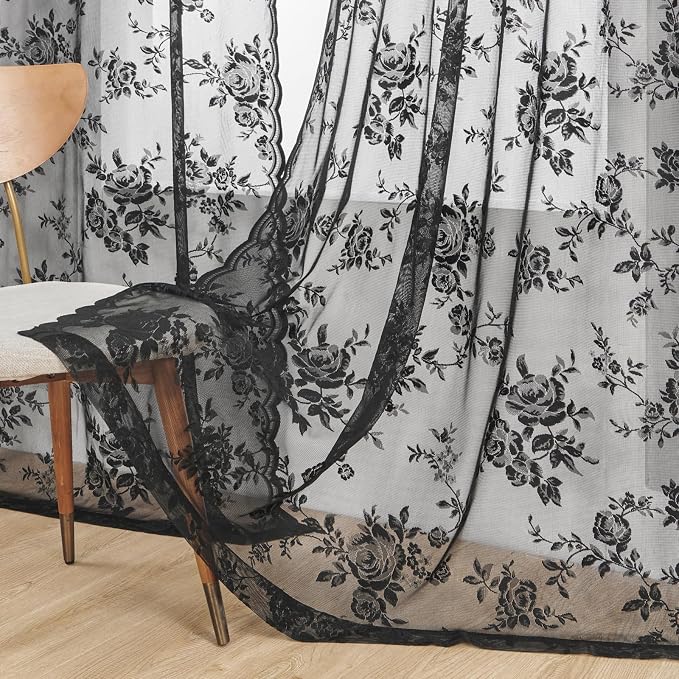 Black Lace Curtains 108 Inches Long Gothic Floral Sheer Curtains - Image 2