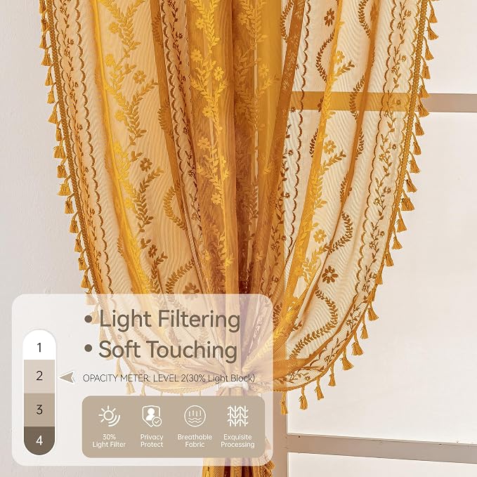 WAZZIO Boho Lace Curtains 2 Panels 63 Inch -Victorian Sheer Panel Drape French - Image 6
