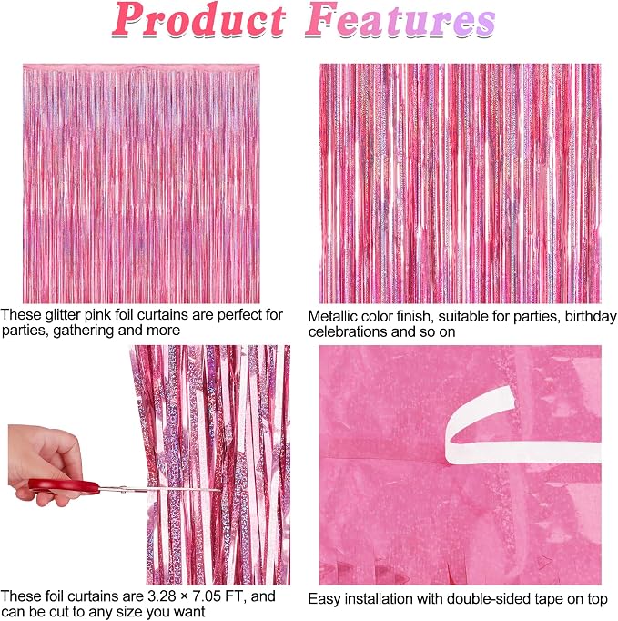 4 Pack Pink Backdrop, 3.28 FT x7.05 FT Foil Fringe Curtains, Metallic Glitter - Image 4