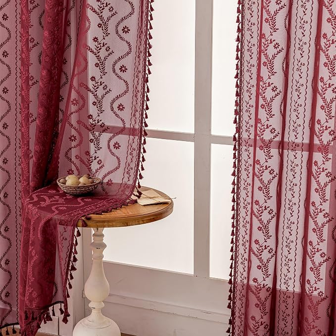 WAZZIO Boho Lace Curtains 2 Panels 84 Inch -Victorian Sheer Panel Drape French - Image 6