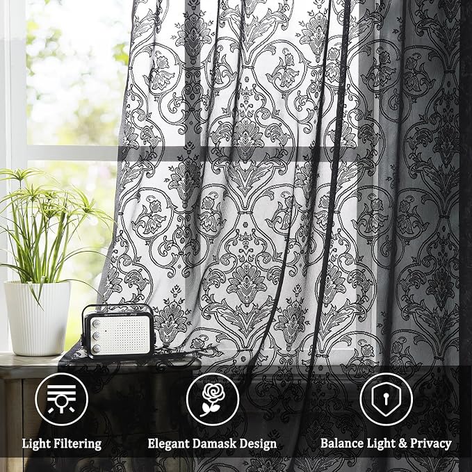 Black Lace Sheer Curtains 95 Inch Long Vintage Floral Curtains - Image 3