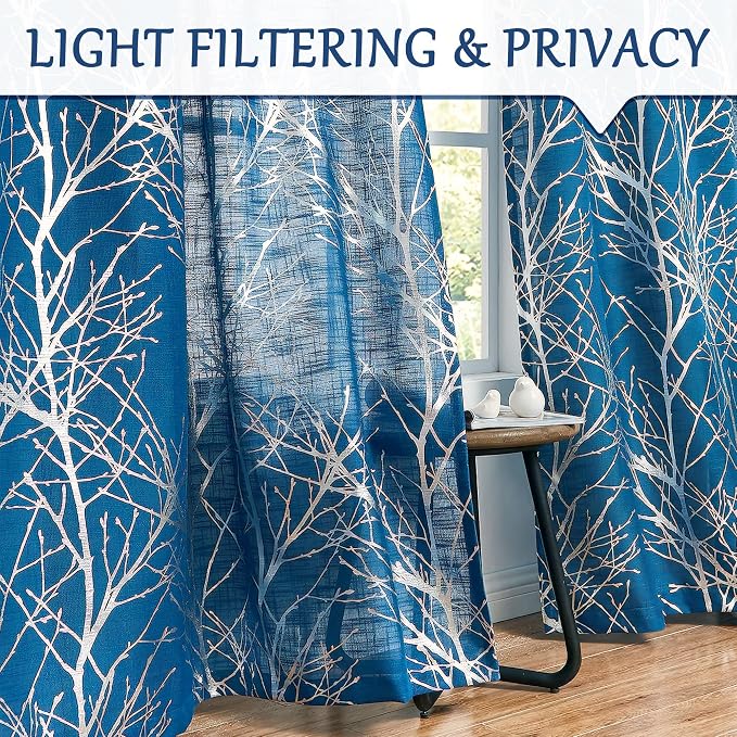 FMFUNCTEX Linen Silver Navy Blue Semi Sheer Print Curtains 63 Inch 2 Panels | - Image 3