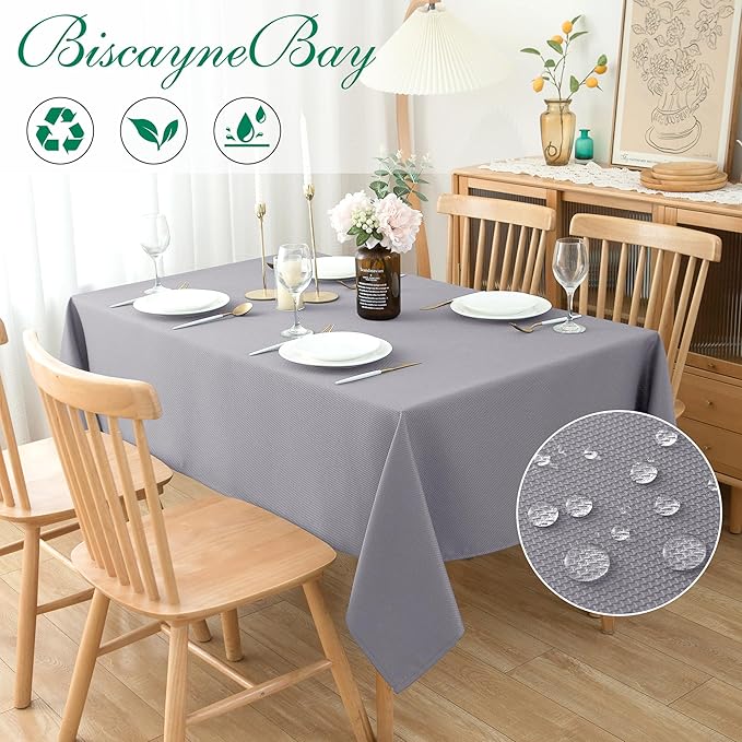 Biscaynebay Textured Fabric Tablecloths 70x120 Inches Rectangular, Silver Grey Water Resistant Spill Proof Tablecloths for Dining, Kitchen, Wedding and Parties, Machine Washable